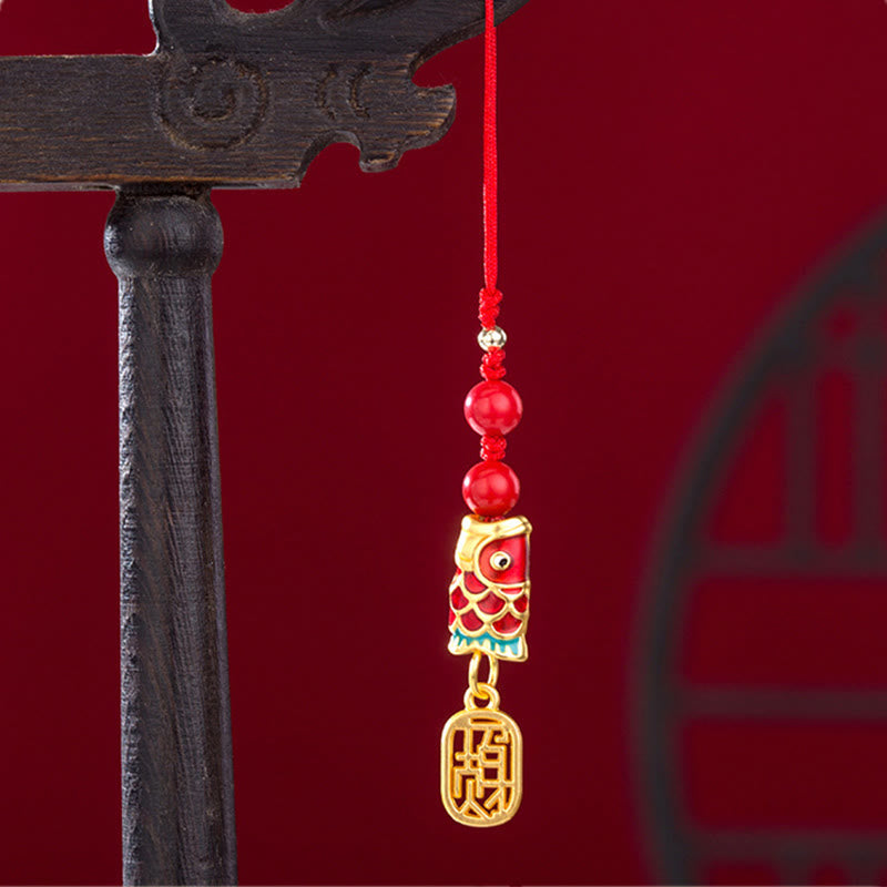 Koi Fish Cinnabar Attracting Wealth Wish Ruyi Charm Luck Phone Hanging Decoration