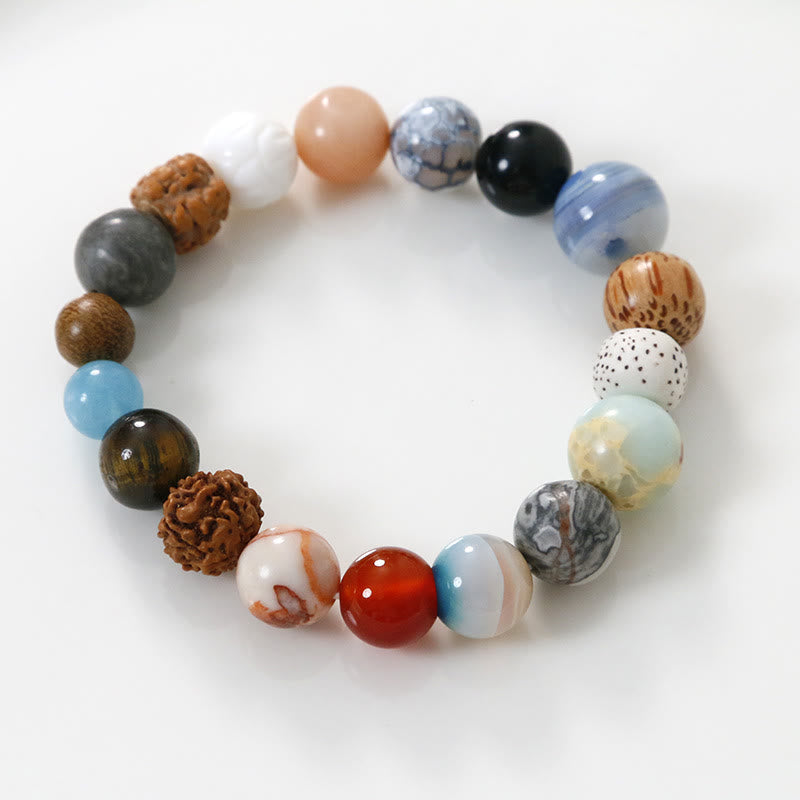 Handmade 18-Bead Bodhi Seed Bracelet with Natural Agate and Clear Quartz