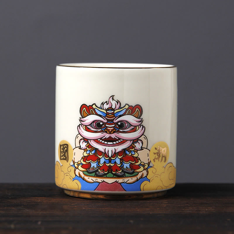 Vintage Plum Blossom Pine Bamboo Phoenix Kirin Lion Dancing Ceramic Teacup Tea Cups