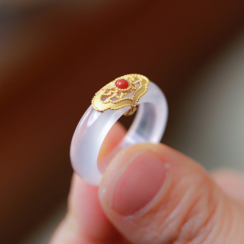 White Agate Cyan Jade Turquoise Red Agate Luck Protection Ring