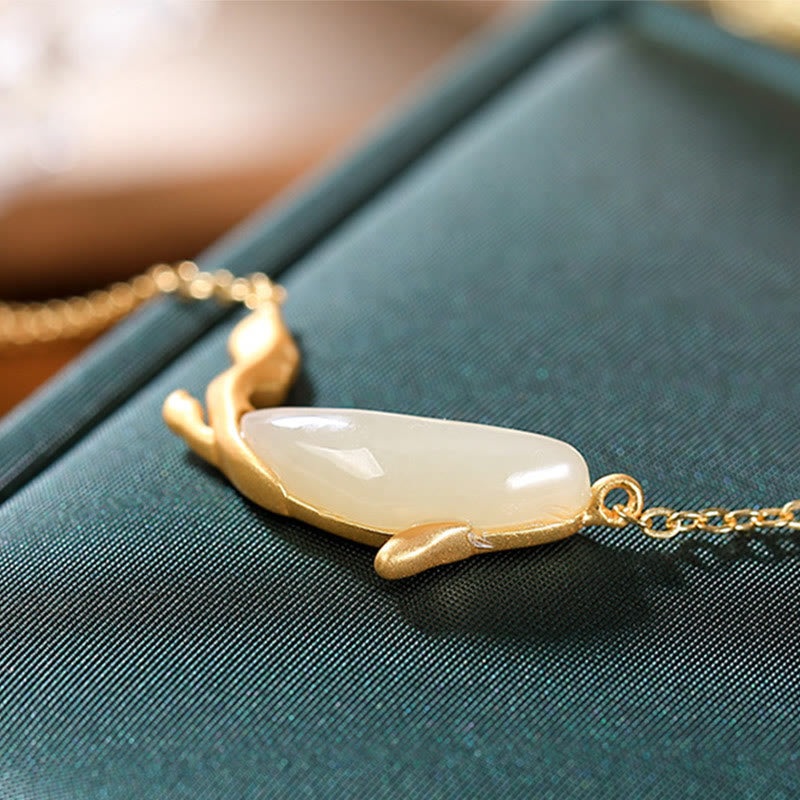 925 Sterling Silver White Jade Dolphin Luck Necklace Pendant