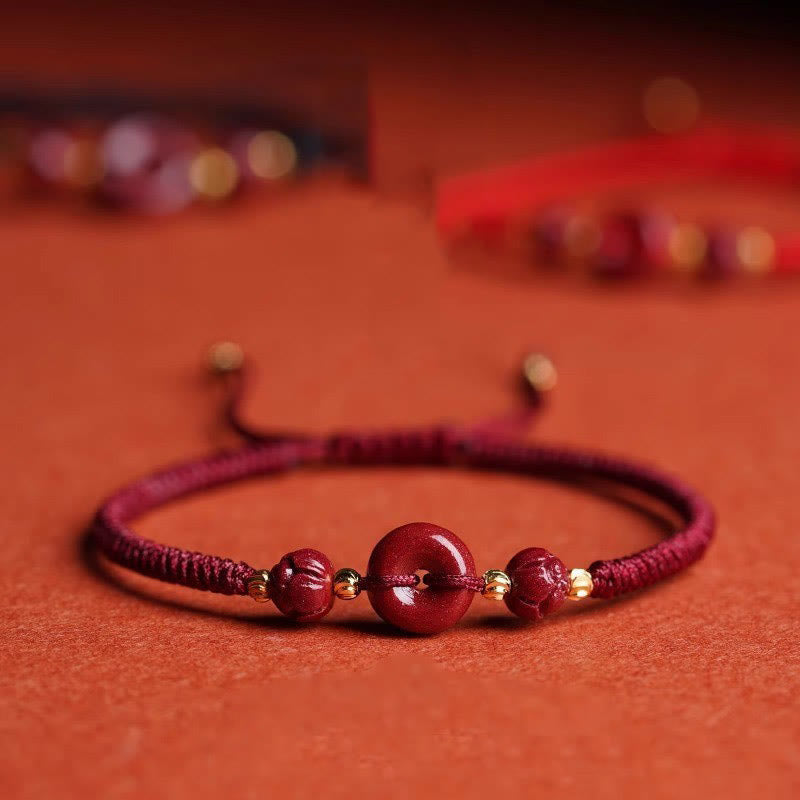 Handmade Cinnabar Peace Buckle Lotus Calm Blessing Braided Rope Bracelet
