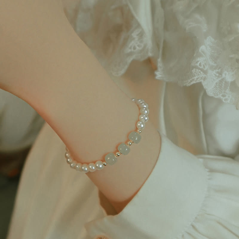 14K Gold Plated Natural Pearl & Hetian Jade Sincerity Bead Chain Bracelet