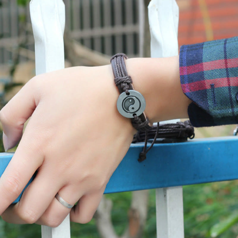 Retro Yin Yang Leather & Wax Rope Harmony Bracelet