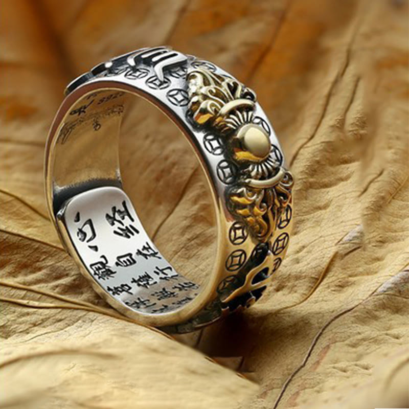 990 Sterling Silver Tibetan Heart Sutra & Om Mani Padme Hum Engraved Mantra Ring
