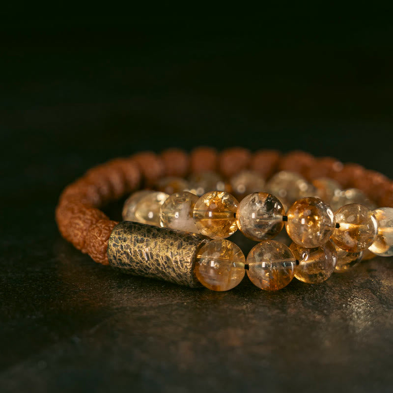 Natural Citrine Crystal Rudraksha Bodhi Seed Brass Bead Prosperity Double Wrap Bracelet