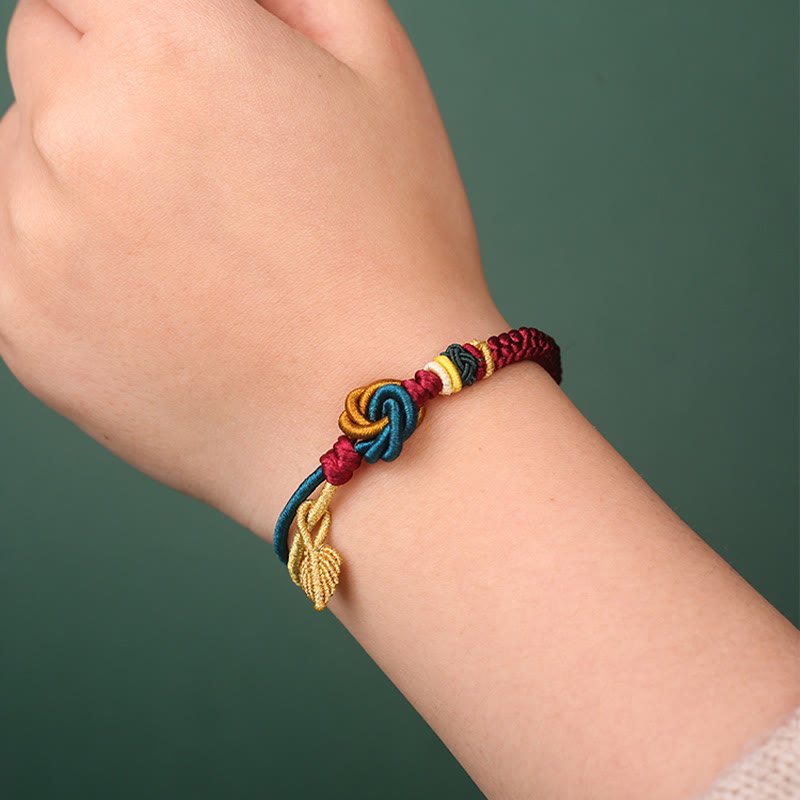 Handmade Tibetan Endless Knot Leaf Charm Cord Bracelet