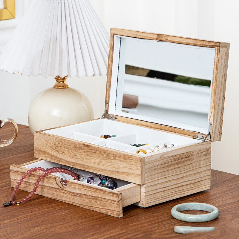 Retro Beige Paulownia Wood Two-Layer Jewelry Storage Box with Mirror