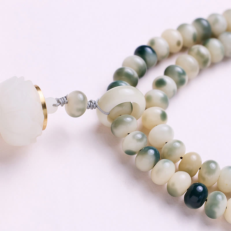 Natural 108 Mala Beads Bodhi Seed Lotus Engraved Wisdom Tassel Bracelet