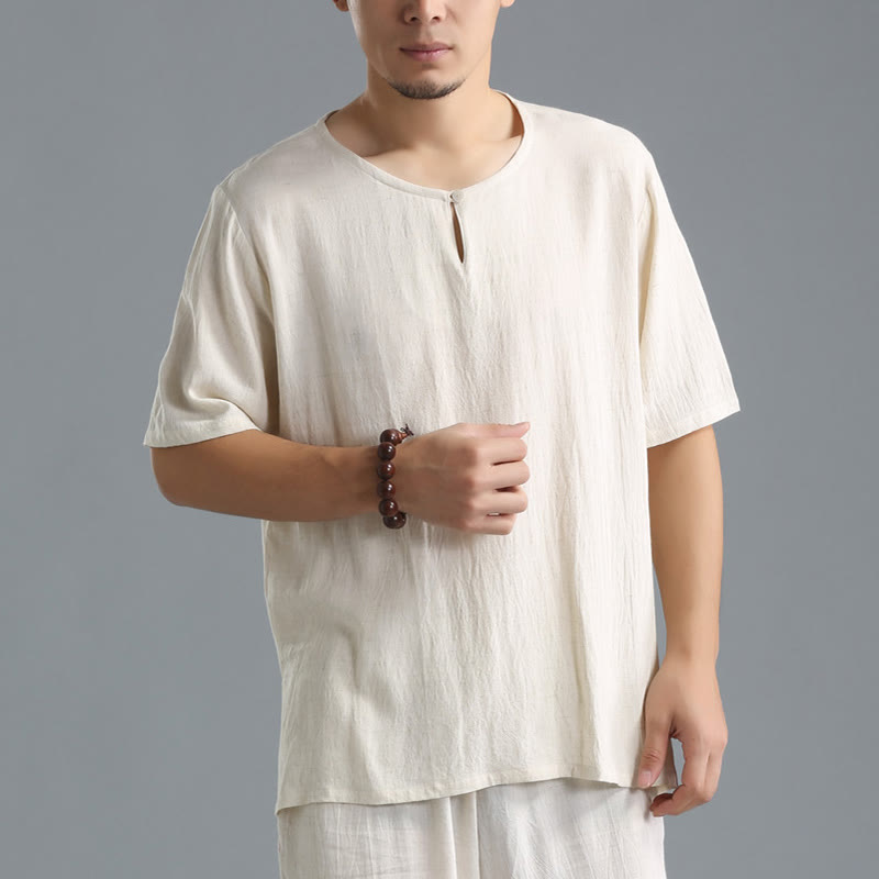 Breathable Cotton-Linen Crew Neck Short Sleeve Meditation Shirt
