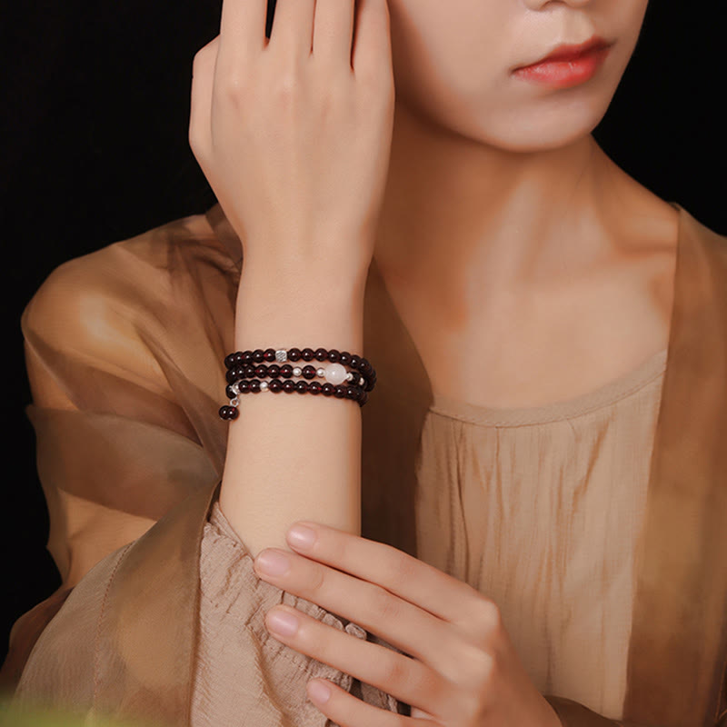 925 Sterling Silver Natural Garnet Cat Eye Protection Triple Wrap Bracelet