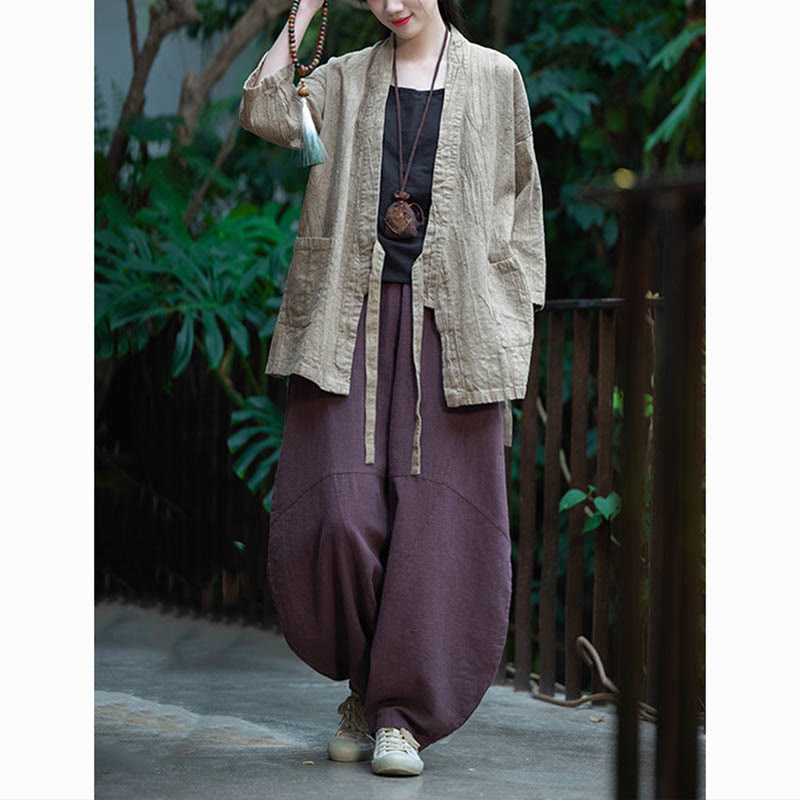 Hanfu Design Three Quarter Sleeve Ramie Linen Coat Open Front Top Jacket