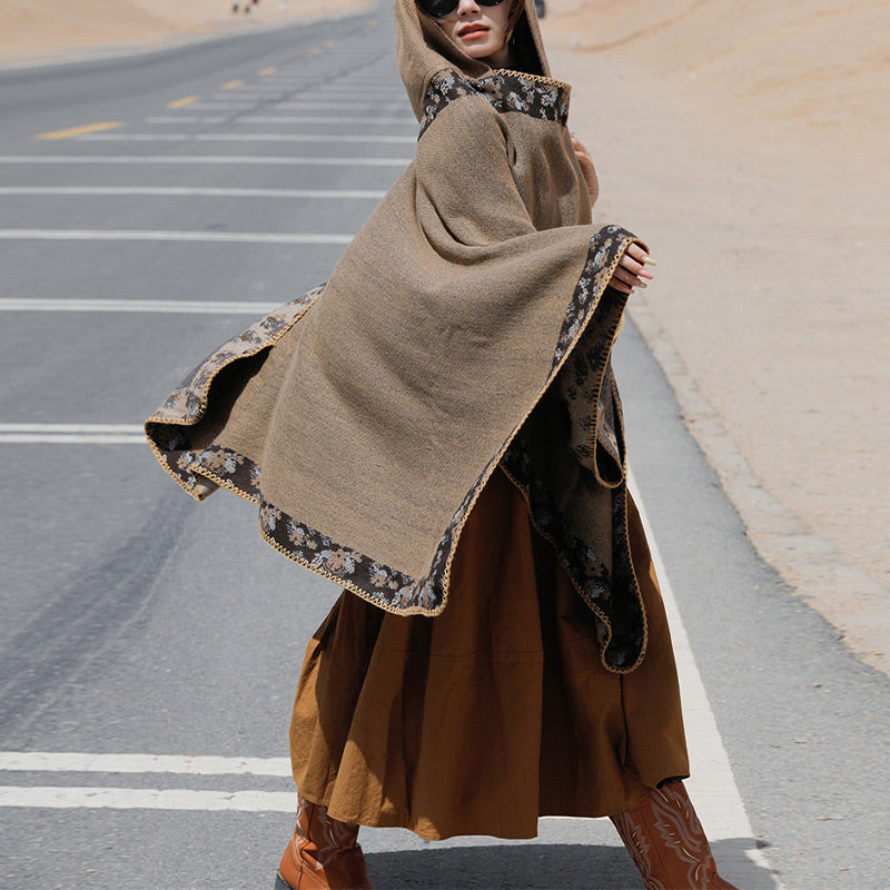 Tibetan Shawl Border Small Floral Flower Hooded Cloak Winter Cozy Travel Scarf Wrap