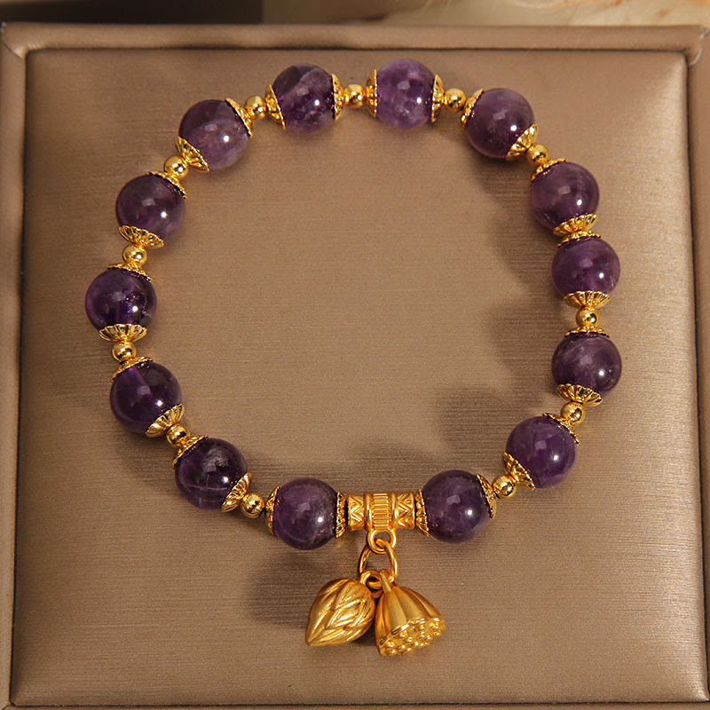 Natural Amethyst Gemstone Lotus Charm Mindfulness Bracelet