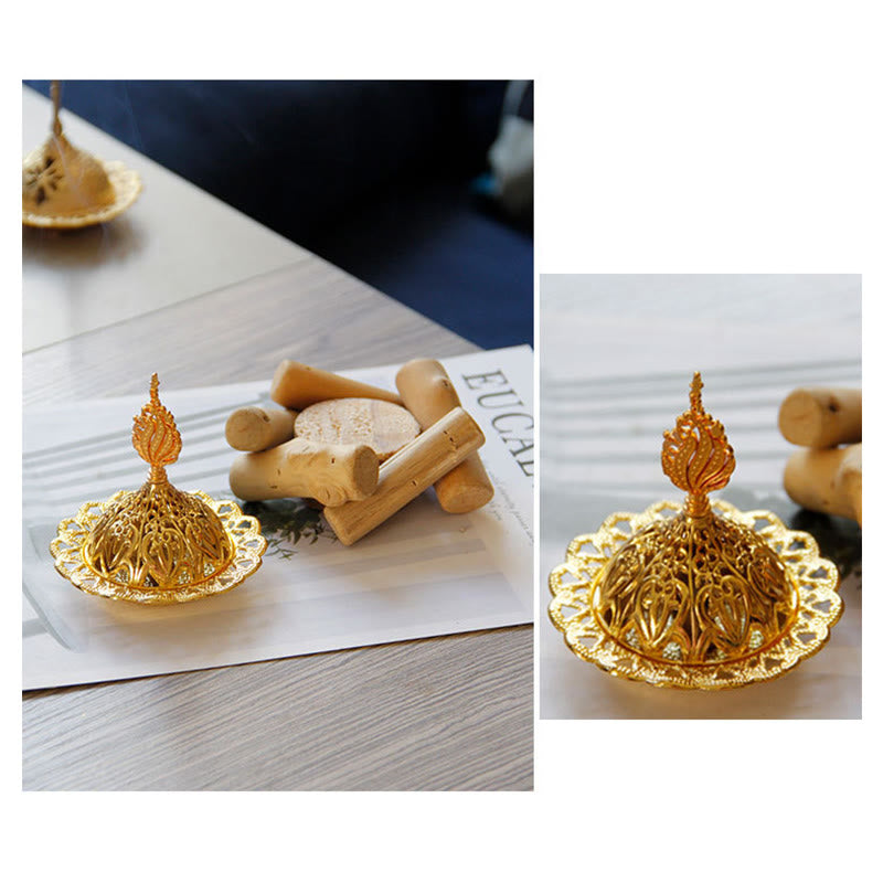 Mini Gold Alloy Buddha Incense Burner with Protective Wooden Coaster