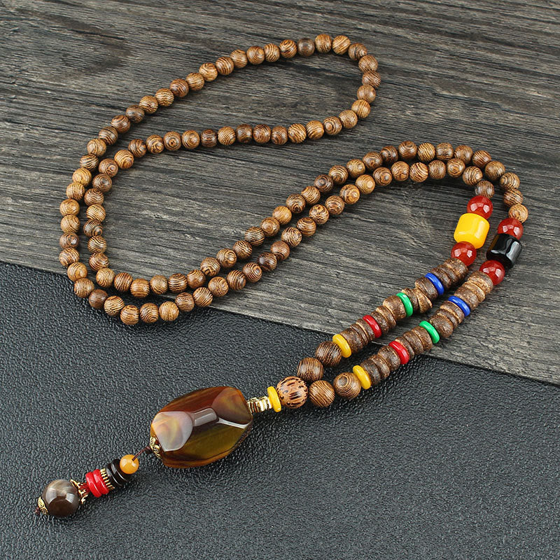 Tibetan Wenge Wood Bodhi Seed Agate Balance Peace Necklace Pendant