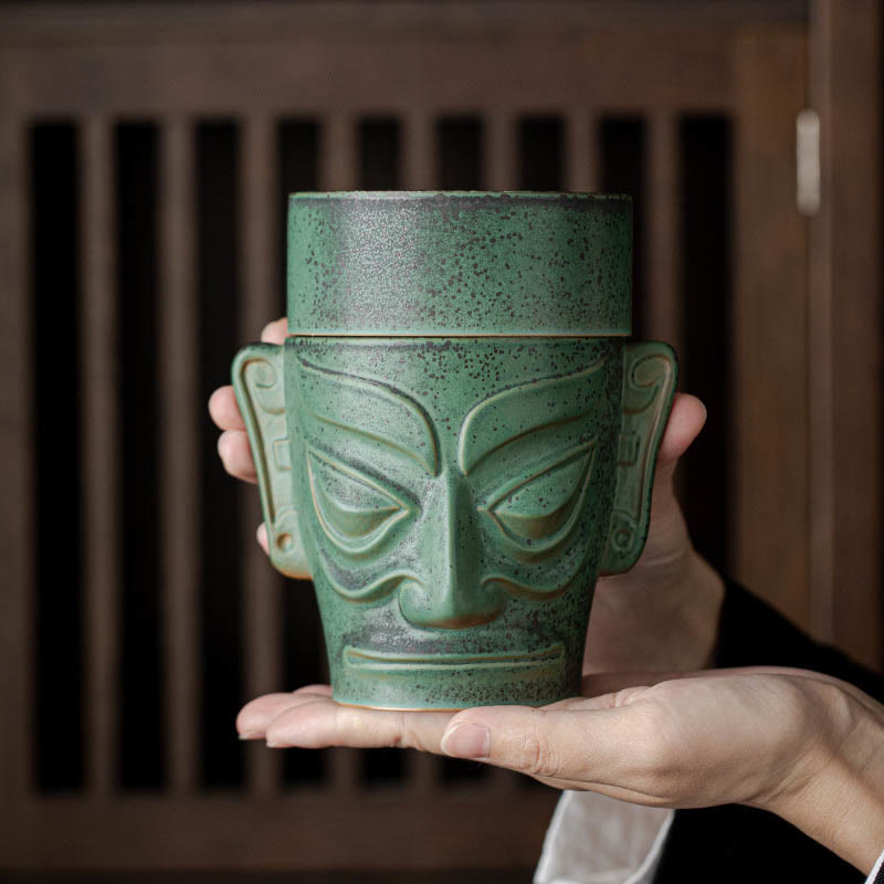 Ancient Sanxingdui Mask Ceramic Incense Burner - 13.8cm x 7.8cm
