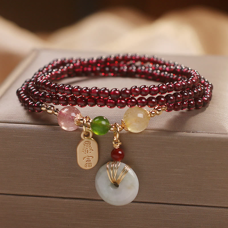 Natural Garnet & Strawberry Quartz Triple Wrap Bracelet with Jade and Citrine Accents