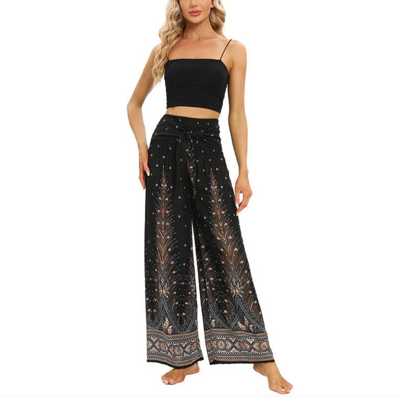 Boho Peacock Feathers Lace-up Wide Leg Pants Women's Yoga Pants