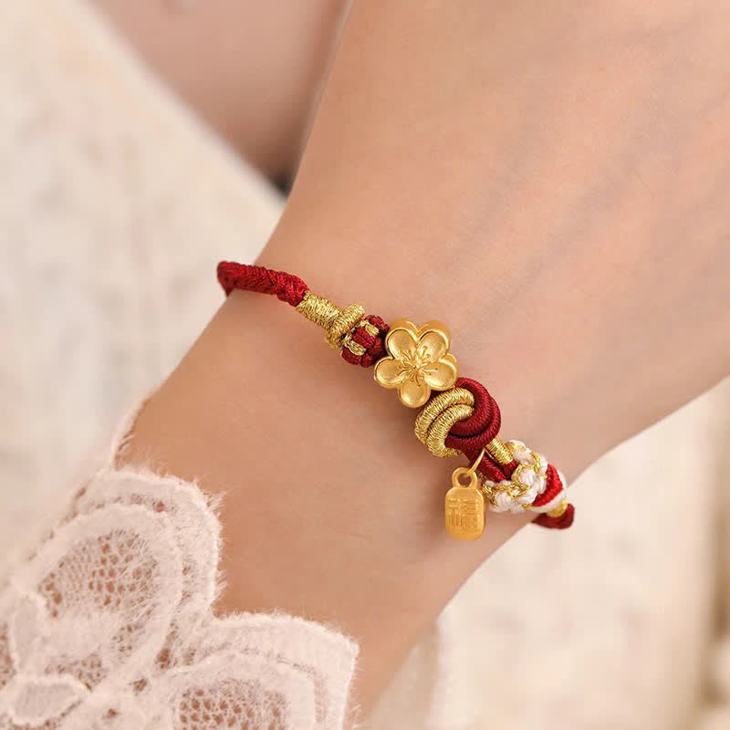 Hand-Woven Red String Gold Copper Peach Blossom Adjustable Bracelet