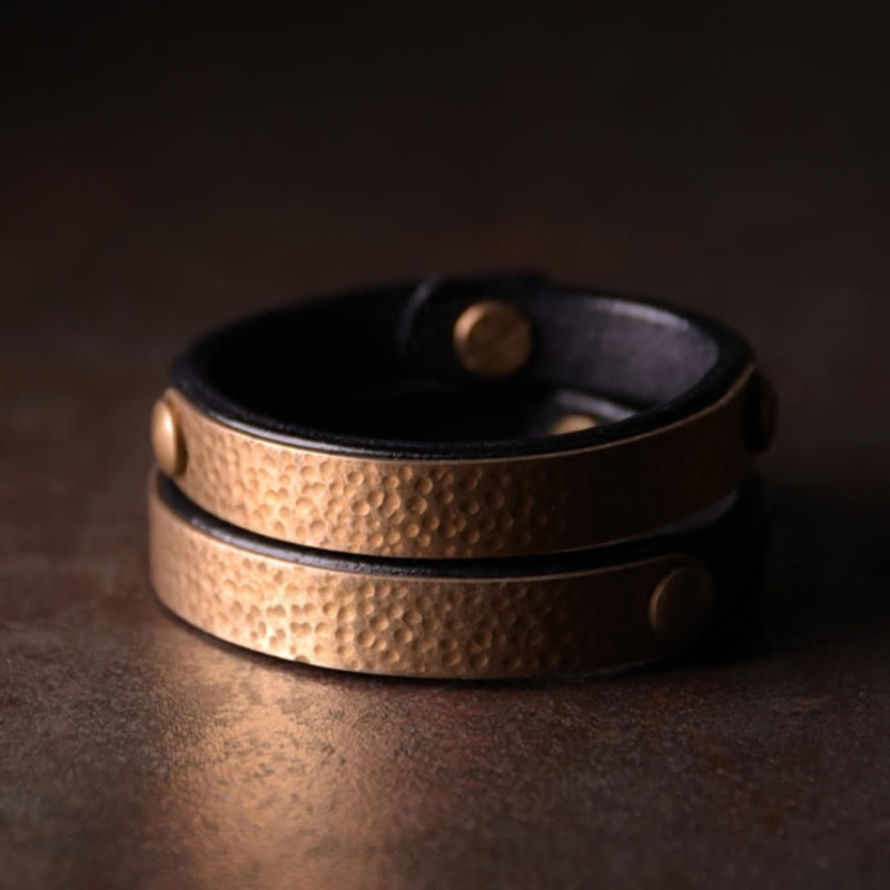 Vintage Handmade Texture Copper Brass Leather Wealth Bracelet Bangle