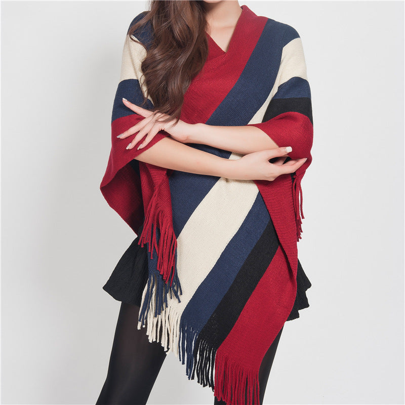 Knitted Striped Tassel Pullover Meditation Shawl Wrap