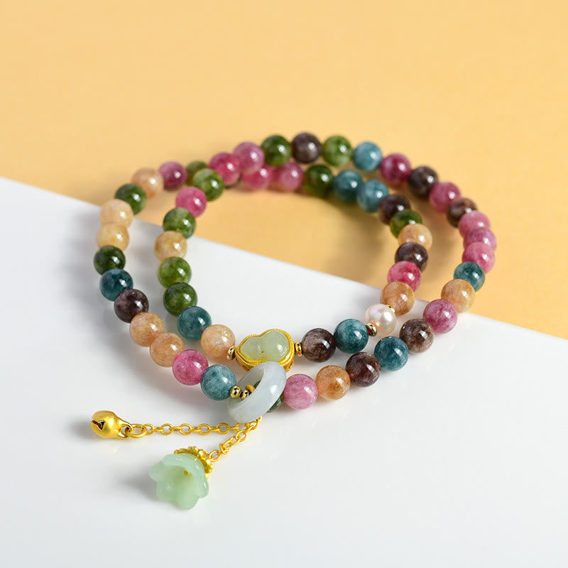 Multicolored Tourmaline Chalcedony Double Wrap Bracelet with Lily of the Valley & Wu Lou Gourd Charms