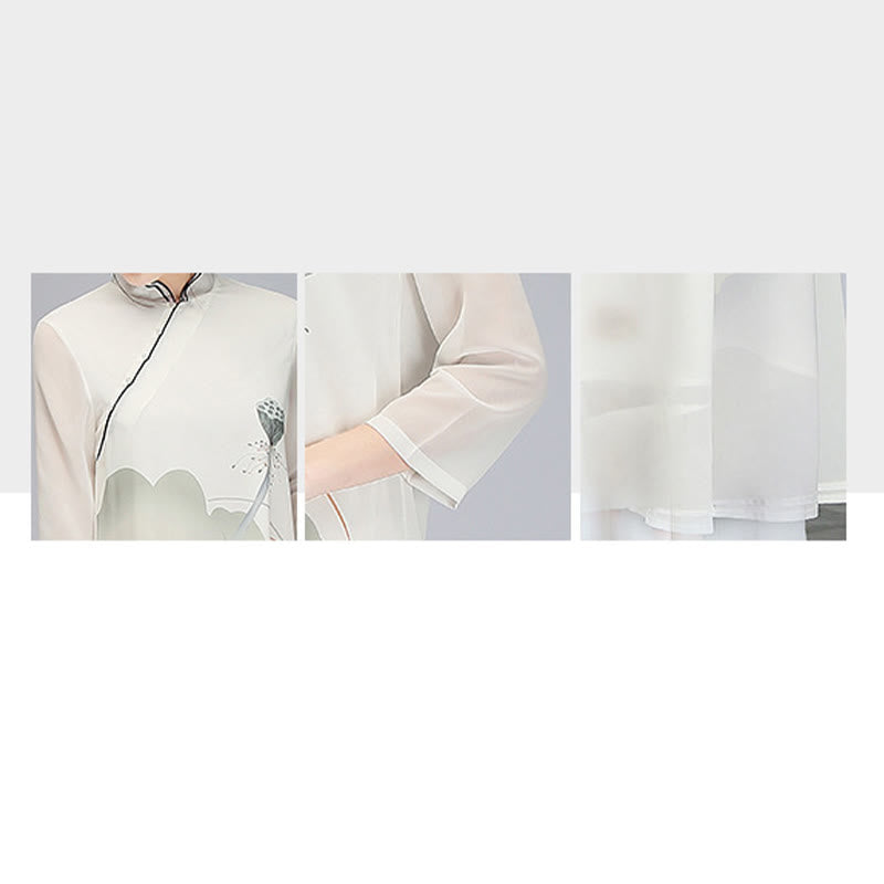 Lotus Flower Pod Chiffon Cheongsam Midi Dress Meditation Zen Practice Clothing
