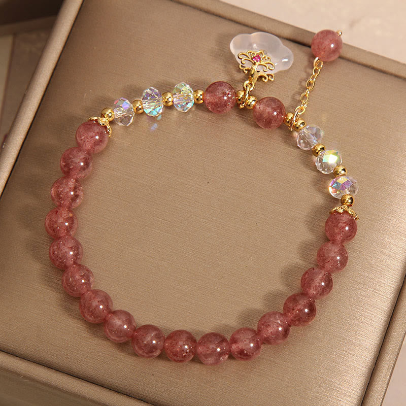 Natural Strawberry Quartz and White Agate Auspicious Cloud Beaded Crystal Bracelet