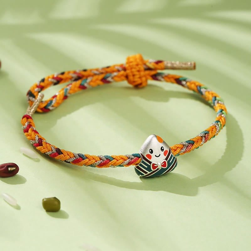 925 Sterling Silver Dragon Boat Festival Zongzi Pattern Luck Handmade Multicolored Rope Child Adult Bracelet