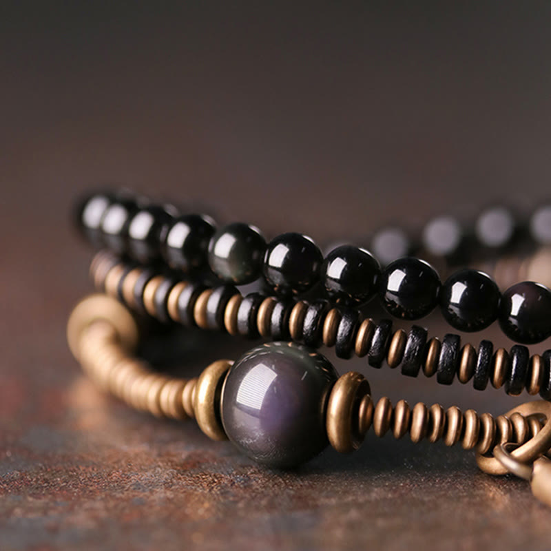 Rainbow Obsidian Ebony Wood Copper Healing Triple Wrap Bracelet