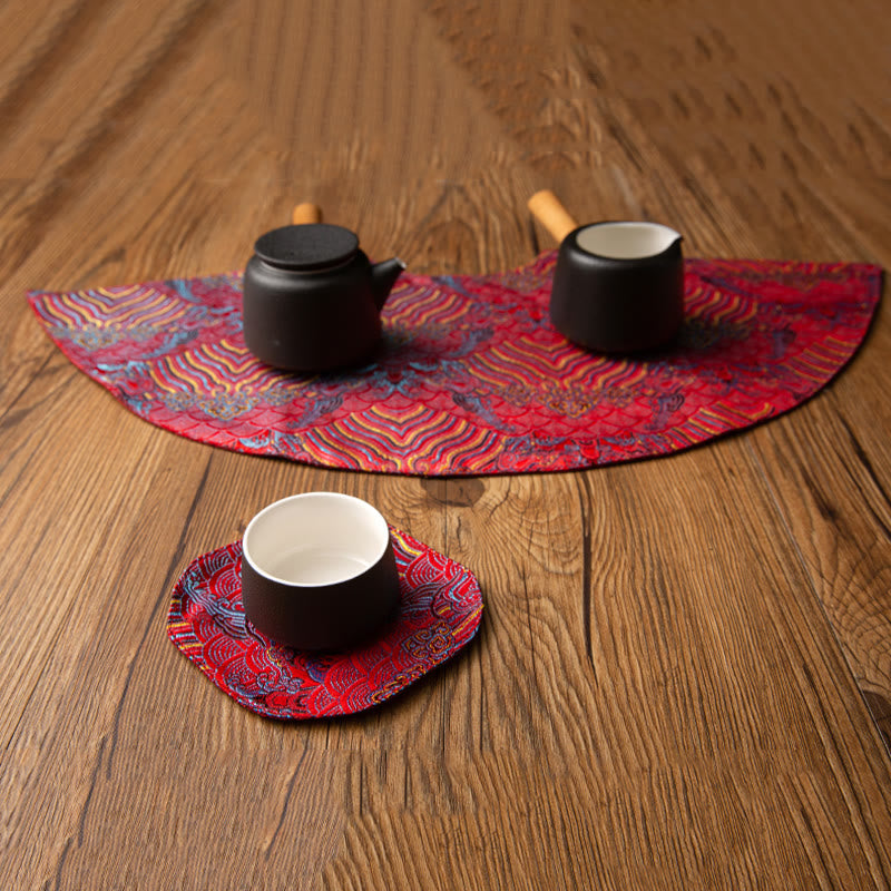 Vintage Sea Wave Bamboo Plum Blossom Embroidered Cup Mat Pad Tea Cup Coaster Kung Fu Tea Mat