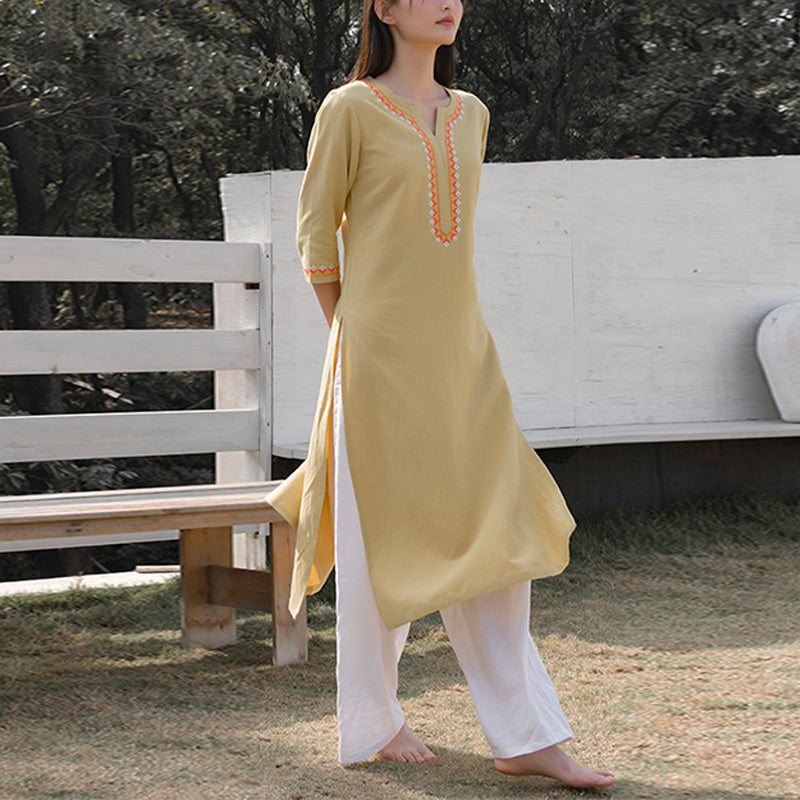 2Pcs V-neck Embroidery Yoga Clothing Zen Meditation Cotton Linen Top Pants Women's Set