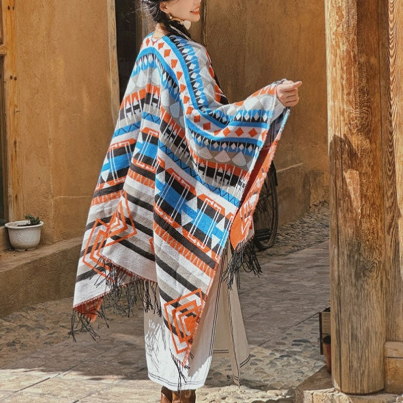 Tibetan Shawl Striped Geometric Pattern Winter Cozy Travel Tassel Scarf Wrap