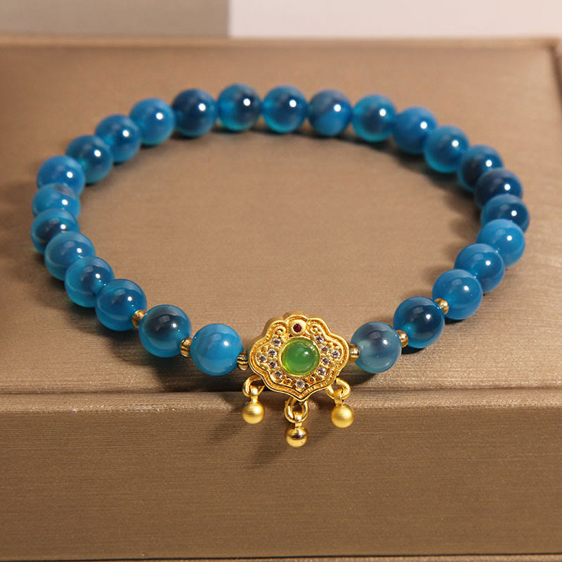 Vibrant Blue Candy Agate and Green Quartz Longevity Lock Charm Bracelet