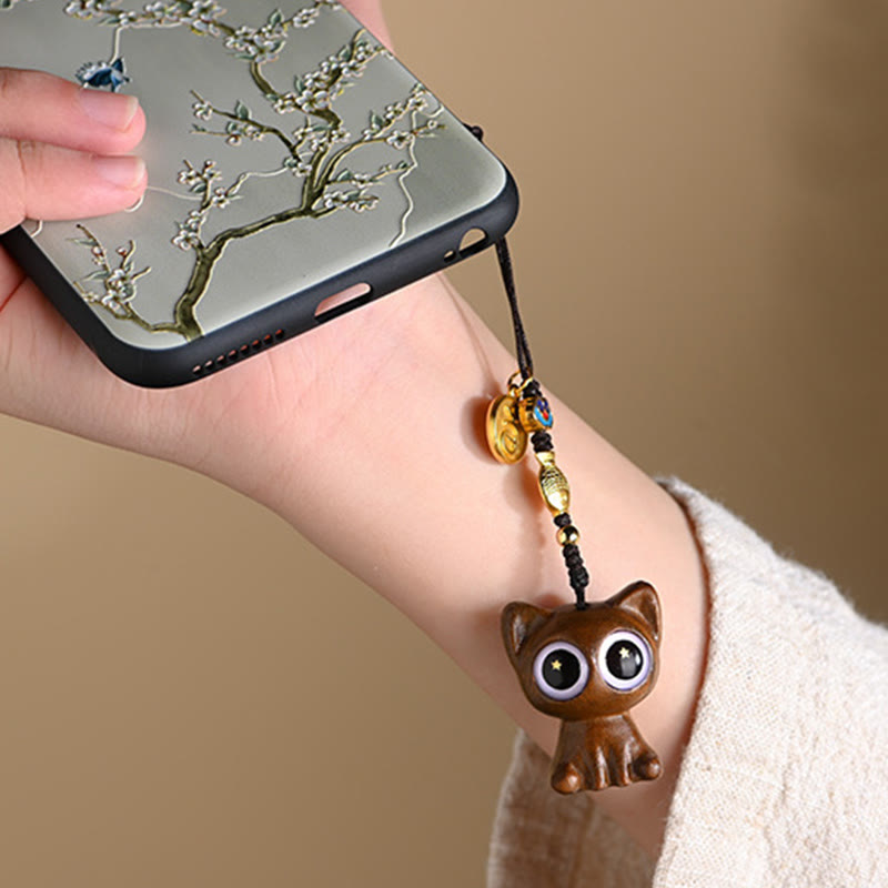 Green Sandalwood Lucky Cat Koi Fish Cure Key Chain Phone Hanging Decoration