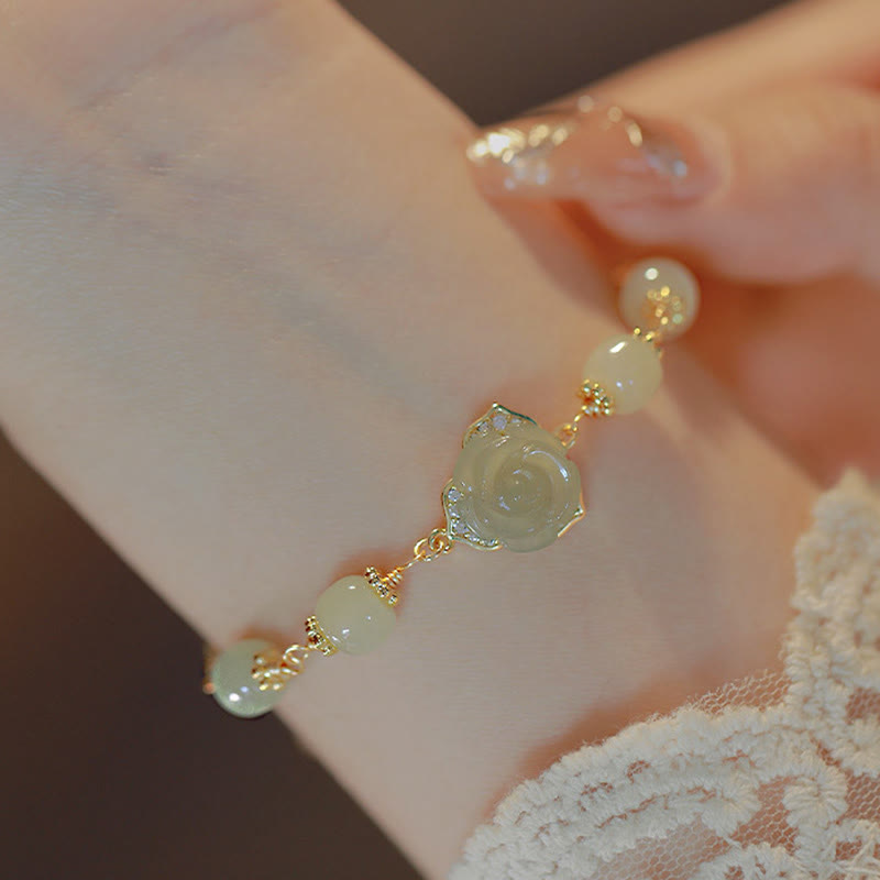 14K Gold Plated Hetian Jade Rose Flower Copper Chain Bracelet