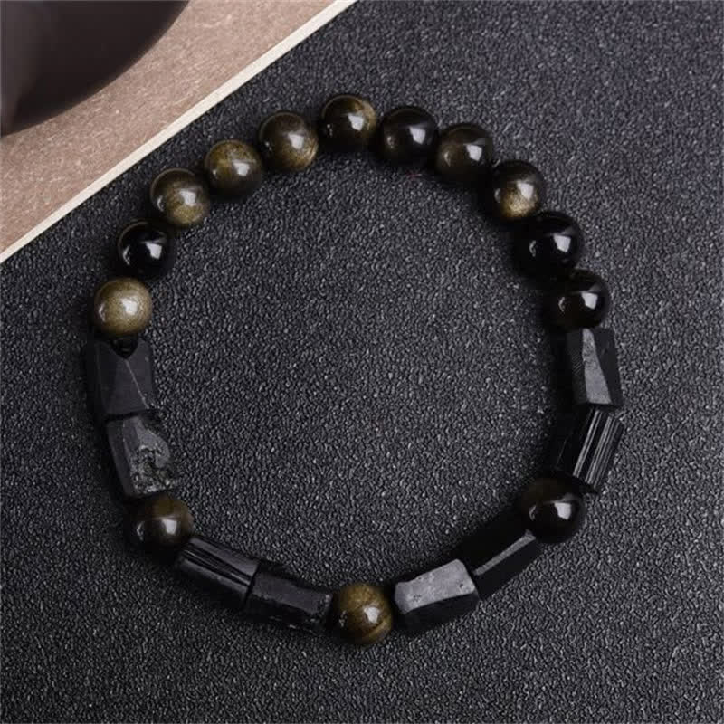 Handmade Gold Sheen Obsidian and Black Tourmaline Beaded Elastic Bracelet