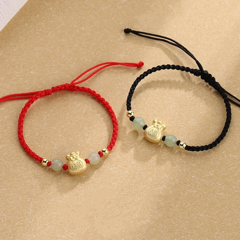 Braided Jade Wealth Bag and Fu Character Red String Bracelet