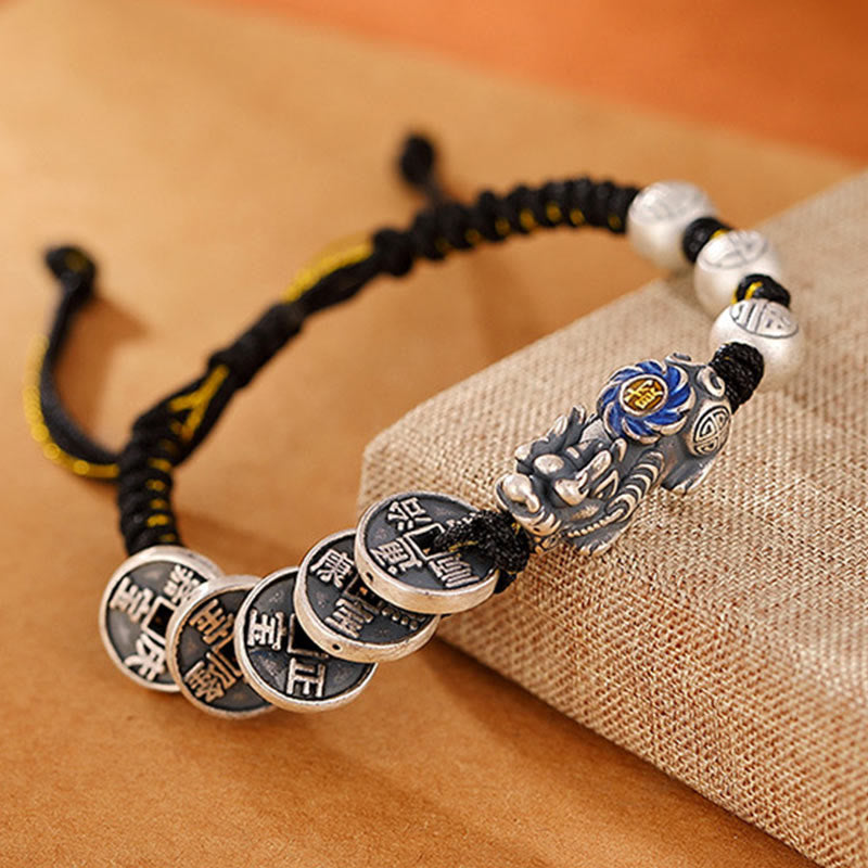 Handmade 999 Fine Silver Pixiu and Copper Coin Fu Character Braided Bracelet