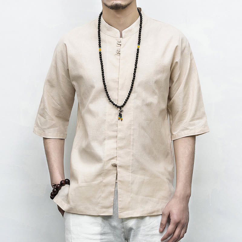 Chinese Frog-Button Tang Suit Zen Half Sleeve Shirt Linen Men Clothing