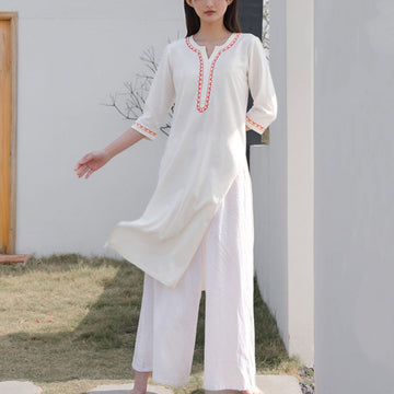 2Pcs V-neck Embroidery Yoga Clothing Zen Meditation Cotton Linen Top Pants Women's Set