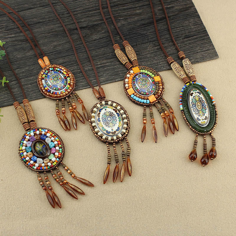 Mandala Pattern Geometric Creativity Pendant Necklace with Colorful Beads