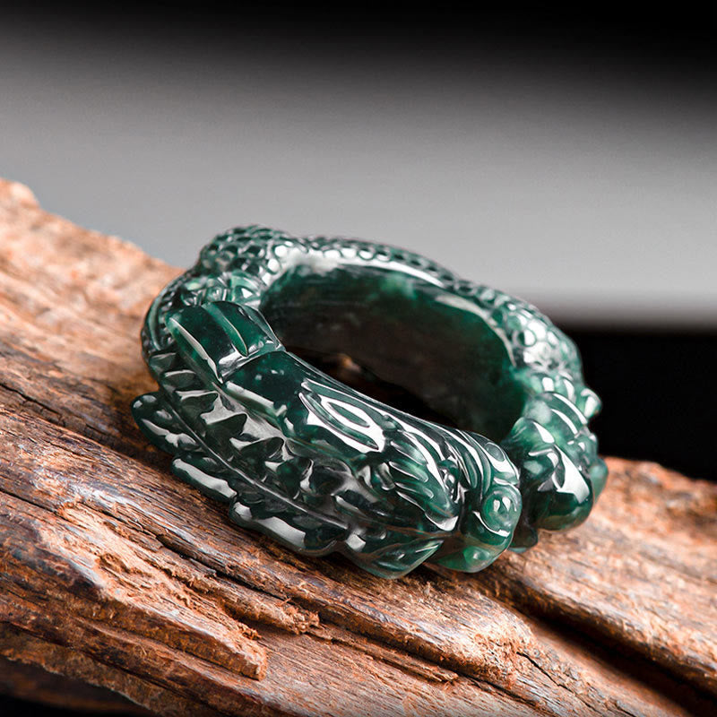 Natural Cyan Jade Dragon Carved Success Ring