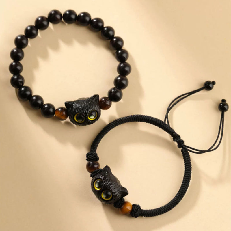 Cute Ebony Wood Cat Head Pattern Peace Bracelet