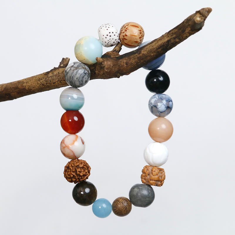 Handmade 18-Bead Bodhi Seed Bracelet with Natural Agate and Clear Quartz