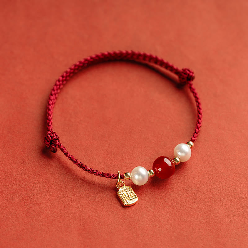 925 Sterling Silver Fu Prosperity Charm Agate Pearl Red String Braided Bracelet