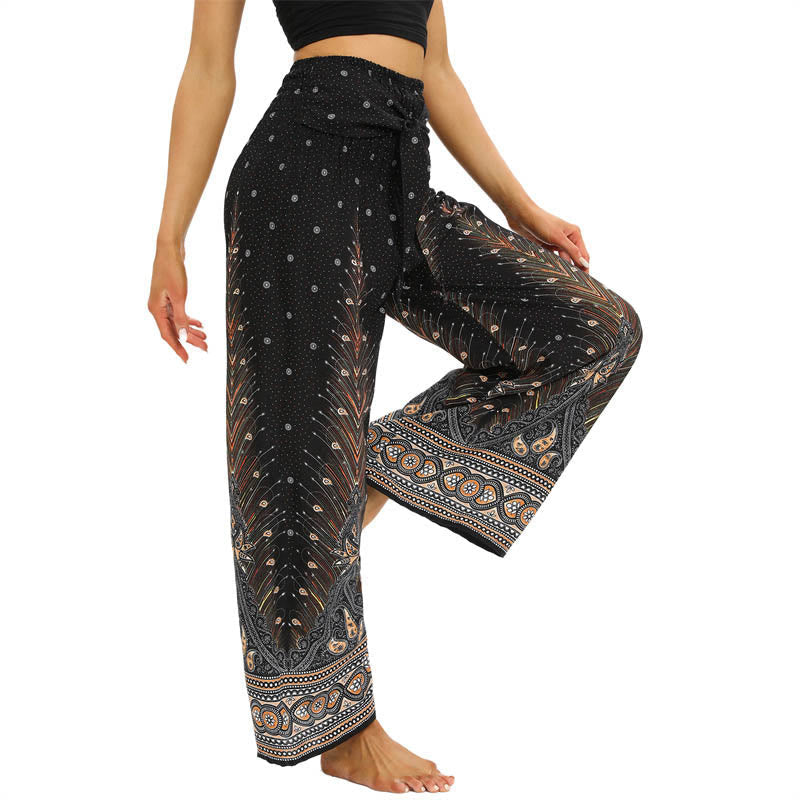 Boho Peacock Feathers Lace-up Wide Leg Pants Women's Yoga Pants