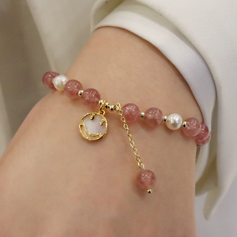 Strawberry Quartz Pearl Elk Smiley Face Fishtail Fu Character Charm Healing Bracelet