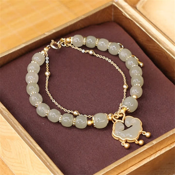 14K Gold Plated Sterling Silver Hetian Jade Longevity Lock & Ritual Bell Chain Bracelet